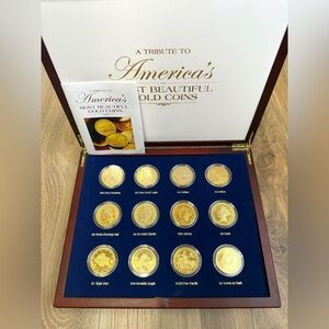 Tribute to Americas Most Beautiful GOLD Coins 12 piece set & wood displa…